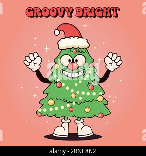 Rétro Cartoon Cristmas Tree, personnage drôle. Illustration vectorielle. Illustration de Vecteur