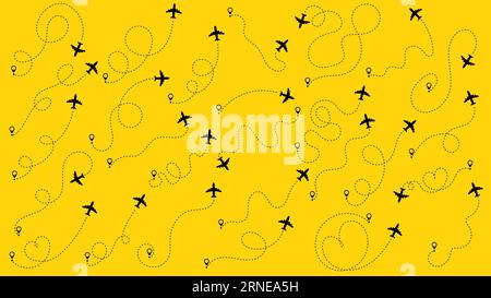 Suivi des avions, trajectoire de l'avion, déplacement, broches de carte, broches de localisation. Ensemble de trajectoires d'avion ou d'itinéraires d'avion. Concept de voyage à partir du point de départ et de la ligne pointillée Illustration de Vecteur