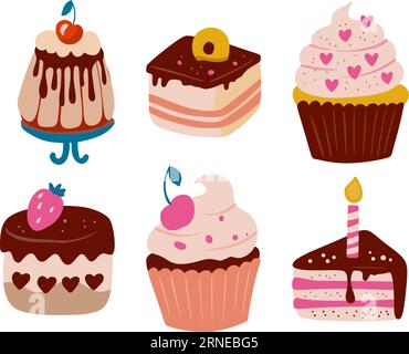 Mignon Cartoon vecteur simple anniversaire gâteau gâteau cupcake vecteur set. Joyeux gâteau à la crème de vacances avec des bougies Illustration de Vecteur