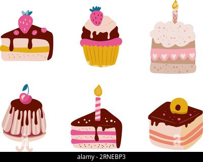 Mignon Cartoon vecteur simple anniversaire gâteau gâteau cupcake vecteur set. Joyeux gâteau à la crème de vacances avec des bougies Illustration de Vecteur