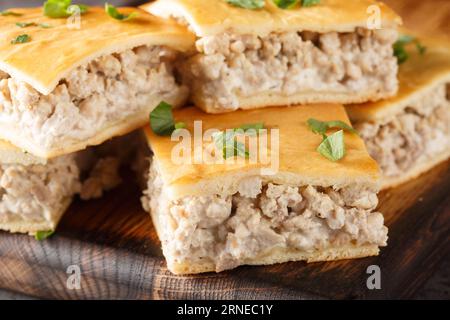 Ñrescent dough pie of minced pork with cream cheese close-up on a wooden board on the table. horizontal Stock Photo