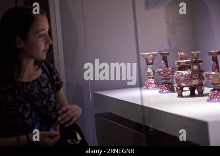 (160623) -- ROME, June 22, 2016 -- A visitor looks at the exhibits at Museo Nationale del Palazzo di Venezia in Rome, Italy, on June 22, 2016. The exhibition of Masterpieces of Ancient Chinese Porcelain from Shanghai Museum: 10th -19th century kicked off on June 22, 2016 in Rome, Italy and will last until February 16, 2017, presenting 76 pieces of cultural relics.) ITALY-ROME-EXHIBITION-CHINA-PORCELAIN jinxyu PUBLICATIONxNOTxINxCHN   160623 Rome June 22 2016 a Visitor Looks AT The Exhibits AT Museo Nationale Del Palazzo Tue Venezia in Rome Italy ON June 22 2016 The Exhibition of Masterpieces o Stock Photo