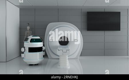 Maquette d'appareil IRM en salle médicale avec concept de commande robotique, rendu d'illustration 3D. Banque D'Images