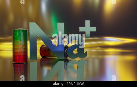 Concept de batteries à semi-conducteurs au sodium, rendu d'illustration 3D. Banque D'Images