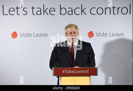 160624 -- LONDON, June 24, 2016  -- Former London Mayor and Vote Leave campaigner Boris Johnson speaks during a press conference in London, Britain, June 24, 2016. The Leave camp has won Britain s Brexit referendum on Friday morning by obtaining nearly 52 percent of ballots, pulling the country out of the 28-nation European Union EU after its 43-year membership.  BRITAIN-LONDON-BREXIT-BORIS JOHNSON Xinhua PUBLICATIONxNOTxINxCHN Stock Photo