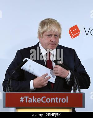 (160624) -- LONDON, June 24, 2016 () -- Former London Mayor and Vote Leave campaigner Boris Johnson attends a press conference in London, Britain, June 24, 2016. The Leave camp has won Britain s Brexit referendum on Friday morning by obtaining nearly 52 percent of ballots, pulling the country out of the 28-nation European Union (EU) after its 43-year membership. () BRITAIN-LONDON-BREXIT-BORIS JOHNSON Xinhua PUBLICATIONxNOTxINxCHN   160624 London June 24 2016 Former London Mayor and VOTE Leave Campaigner Boris Johnson Attends a Press Conference in London Britain June 24 2016 The Leave Camp has Stock Photo