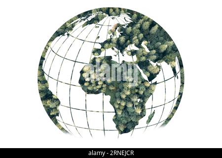 Arbre en forme de carte du monde. Green World Map- arbre en forme de carte du monde isolé sur fond blanc. Banque D'Images