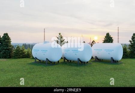 Réservoir de stockage de carburant hydrogène sur champ de prairies vertes, rendu d'illustrations 3D. Banque D'Images
