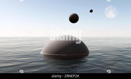 Vaisseaux spatiaux étrangers descendant vers l'eau de la mer de la Terre.Sphères d'OVNI volant de la Lune, illustration 3D Banque D'Images