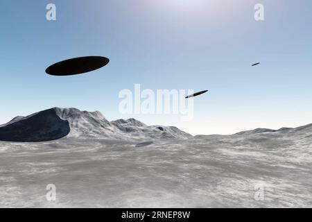 Des vaisseaux spatiaux extraterrestres OVNIS survolant des montagnes à la lumière du jour.Illustration du rendu 3D de trois objets volants non identifiés Banque D'Images