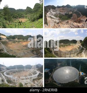 (160703) -- PINGTANG, 3 juillet 2016 () -- une photo combinée montre des photos du chantier de construction du télescope sphérique à ouverture de cinq cents mètres (FAST) dans une vallée karstique dans le comté de Pingtang dans la province du Guizhou sud-ouest de la Chine prises respectivement le 25 mai 2009 (L, UP), le 6 septembre 2011 (R, up), 5 août 2012 (L, Centre), 2 mai 2014 (R, Centre), 16 janvier 2015 (G, Bas) et 3 juillet 2016. (Les cinq premières photos sont fournies par les Observatoires astronomiques nationaux de l'Académie chinoise des sciences et la dernière est prise par le photojournaliste ou Dongqu). L'installation a été terminée sur le monde s Banque D'Images