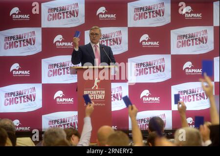 (160703) -- MOSCOW, July 2, 2016 -- Leader of the People s Freedom Party (PARNAS) and former prime minister Mikhail Kasyanov (C) speaks during the PARNAS pre-election congress in Moscow, Russia, on July 2, 2016. The new State Duma will be elected on Sept. 18. ) RUSSIA-MOSCOW-POLITICS-DUMA-ELECTIONS PavelxBednyakov PUBLICATIONxNOTxINxCHN   160703 Moscow July 2 2016 Leader of The Celebrities S Freedom Party Parnas and Former Prime Ministers Mikhail Kasyanov C Speaks during The Parnas Pre ELECTION Congress in Moscow Russia ON July 2 2016 The New State DUMA will Be Elected ON Sept 18 Russia Moscow Stock Photo