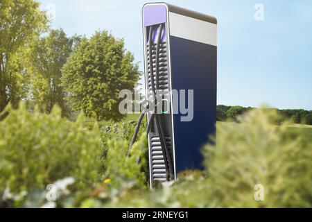 station de charge de carburant électrique pour les voitures de e mobilité enfichables pour obtenir l'alimentation du terminal directement aux stations de remplissage de goulot de remplissage se tiennent dans la nature à côté de t Banque D'Images