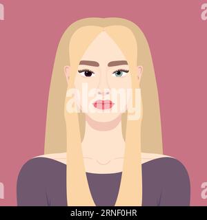 Young blonde woman with a heterochromia. Woman with different colored eyes. Eyes of different colors. Brown and blue eye. Vector illustration Stock Vector