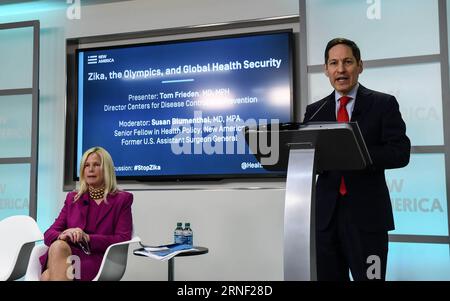 (160714) -- WASHINGTON, July 14, 2016 -- Director of the U.S. Centers for Disease Control and Prevention (CDC) Tom Frieden (R) speaks during a discussion on Zika, the Olympics and Global Health Security in Washington July 13, 2016. CDC on Wednesday downplayed concern that the Rio Olympics will help spread the Zika virus worldwide. ) U.S.-WASHINGTON-ZIKA-RIO OLYMPICS BaoxDandan PUBLICATIONxNOTxINxCHN   160714 Washington July 14 2016 Director of The U S Centers for Disease Control and Prevention CDC Tom Peace r Speaks during a Discussion ON Zika The Olympics and Global Health Security in Washing Stock Photo