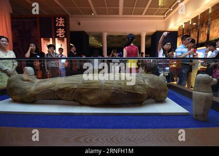 (160809) -- NANJING, 9 août 2016 -- la photo prise le 9 août 2016 montre une momie de l'Egypte ancienne exposée lors de l'exposition Pharaons et Rois au Musée de Nanjing à Nanjing, capitale de la province du Jiangsu de l'est de la Chine. Environ 110 pièces de reliques égyptiennes anciennes du Musée royal de l'Ontario au Canada ont été exposées au Musée de Nanjing avec environ 140 pièces de reliques culturelles de la dynastie Han (206 av. J.-C.--220 après J.-C.) de Chine.) (Zyd) CHINA-NANJING-ANCIENT EGYPTIAN RELIC-EXHIBITION (CN) SunxCan PUBLICATIONxNOTxINxCHN 160809 Nanjing août 9 2016 photo prise LE 9 2016 août montre une momie d'ancienne Banque D'Images