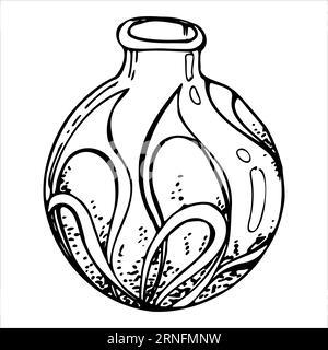 Bouteille de flacon en verre de vecteur d'encre dessinée à la main pour potion. Dessin illustration art sorcellerie, médecine, chimie, alchimie. Objet isolé, contour Illustration de Vecteur