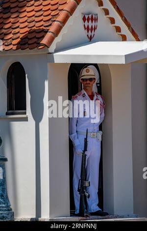 Un soldat en parade devant le Palais Princier, Monaco-ville, Monaco, France Banque D'Images