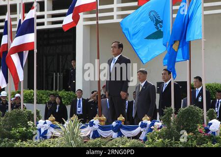 (160831) -- BANGKOK, Aug. 31, 2016 -- Thai Prime Minister Prayuth Chan-ocha (C) presides at a ceremony to commission two Sukhoi Superjet 100LR airplanes under the Royal Thai Air Force at Don Mueang Airport in Bangkok, Thailand, Aug. 31, 2016. According to local media reports, the two new aircrafts are expected to be used for transporting royal family members and VIP guests. )(WH) THAILAND-BANGKOK-PM-PRAYUTH-JET PLANE-COMMISSION RachenxSageamsak PUBLICATIONxNOTxINxCHN   160831 Bangkok Aug 31 2016 Thai Prime Ministers Prayuth Chan OCHA C Presid AT a Ceremony to Commission Two Sukhoi Superjet 100 Stock Photo