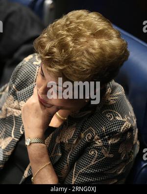 Dilma Rousseff - Amtsenthebungsverfahren in Brasilia (160901) -- BRASILIA, Sep. 1, 2016 -- Suspended Brazilian President Dilma Rousseff attends a Senate impeachment trial in Brasilia, Brazil, Aug. 29, 2016. The Brazilian Senate voted on Wednesday to impeach President Dilma Rousseff by 61 votes in favour to 20 votes against. ) (cyc) BRAZIL-BRASILIA-ROUSSEFF-IMPEACHMENT-VOTE LixMing PUBLICATIONxNOTxINxCHN   Dilma Rousseff Impeachment in Brasilia 160901 Brasilia Sep 1 2016 Suspended Brazilian President Dilma Rousseff Attends a Senate Impeachment Trial in Brasilia Brazil Aug 29 2016 The Brazilian Stock Photo