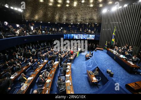 Dilma Rousseff - Amtsenthebungsverfahren in Brasilia  BRASILIA, Sep. 1, 2016 -- Photo taken on Aug. 31, 2016 shows a scene of Senate s final impeachment session of Brazil s suspended President Dilma Rousseff in Brasilia, capital of Brazil. Brazilian senate votes to strip Dilma Rousseff of presidency in impeachment trail on Wednesday. ) (cyc) BRAZIL-BRASILIA-ROUSSEFF-IMPEACHMENT-VOTE LixMing PUBLICATIONxNOTxINxCHN   Dilma Rousseff Impeachment in Brasilia Brasilia Sep 1 2016 Photo Taken ON Aug 31 2016 Shows a Scene of Senate S Final Impeachment Session of Brazil S Suspended President Dilma Rouss Stock Photo