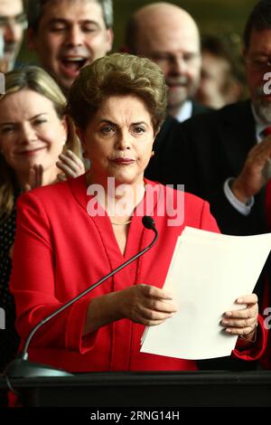 (160831) -- BRASILIA, Aug. 31, 2016 -- Dilma Rousseff delivers a statement at the Alvorada Palace in Brasilia, Brazil, on Aug. 31, 2016. The Brazilian Senate voted on Wednesday to strip Dilma Rousseff of the presidency by 61 votes in favor to 20 votes against. This means Rousseff is immediately and permanently removed from her role and Michel Temer, who assumed the interim presidency after Rousseff was suspended in May, will become president until the end of this term in 2018. Agencia Estado) (da) (ce) BRAZIL OUT BRAZIL-BRASILIA-IMPEACHMENT-FINAL VOTE-ROUSSEFF e AE PUBLICATIONxNOTxINxCHN   160 Stock Photo