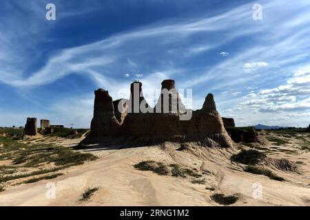 (160901) -- DATONG, 1 septembre 2016 -- une photo prise le 1 septembre 2016 montre une vue de la soi-disant forêt de sol dans la ville de Duzhuang, dans le comté de Datong, dans la province du Shanxi du nord de la Chine. La forêt de sol fait référence au paysage composé de loess protrusif et de sédiments gravillonnés dus au mouvement de la croûte ainsi qu'à l'érosion éolienne et hydrique. (Yxb) CHINA-SHANXI-DATONG- SOIL FOREST (CN) ZhanxYan PUBLICATIONxNOTxINxCHN 160901 Datong sept 1 2016 la photo prise LE 1 2016 septembre montre une vue de la Forêt de sol comme appelé à Duzhuang ville du comté de Datong Nord Chine S Shanxi province de Shanxi la Forêt de sol fait référence au paysage Banque D'Images