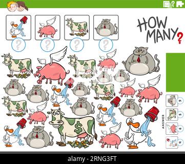 Cartoon illustration of educational counting game with animal characters and sayings Stock Vector