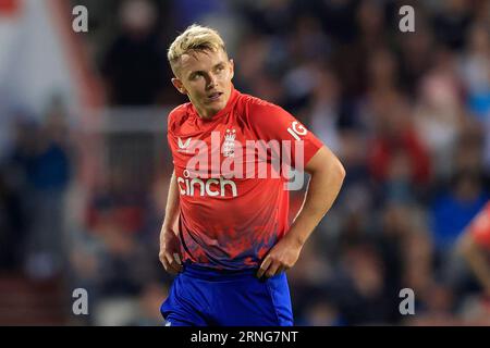 Sam Curran #58 of England during the Second Vitality T20 International match England vs New Zealand at Old Trafford, Manchester, United Kingdom, 1st September 2023  (Photo by Conor Molloy/News Images) Stock Photo