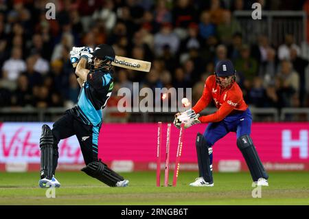 New Zealand's Mitchell Santner bowled out by England's Will Jacks during the second Vitality IT20 match at Emirates Old Trafford, Manchester. Picture date: Friday September 1, 2023. Stock Photo