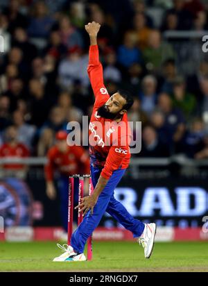 England's Adil Rashid bowling during the second Vitality IT20 match at Emirates Old Trafford, Manchester. Picture date: Friday September 1, 2023. Stock Photo