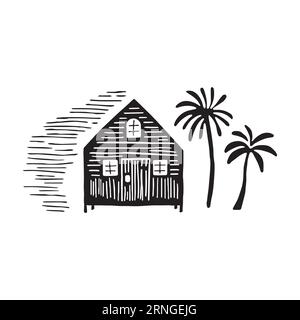Illustration d'impression de bloc de cabane de plage fantaisiste pour le concept de voyage tropical. Vecteur maison côtière avec palmier stylisé pour les vacances. Illustration de Vecteur