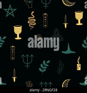 Motif sans couture magique et céleste, avec des éléments magiques tels que serpent, oeil, cartes de tarot, main, crâne, potion, lune, papillon, champignons, étoiles. Symb Illustration de Vecteur