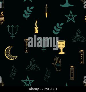 Motif sans couture magique et céleste, avec des éléments magiques tels que serpent, oeil, cartes de tarot, main, crâne, potion, lune, papillon, champignons, étoiles. Symb Illustration de Vecteur
