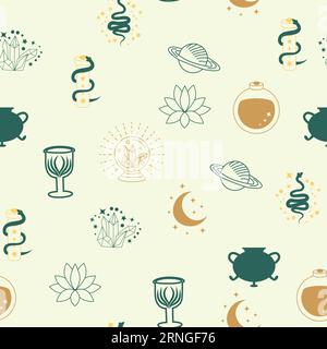 Motif sans couture magique et céleste, avec des éléments magiques tels que serpent, oeil, cartes de tarot, main, crâne, potion, lune, papillon, champignons, étoiles. Symb Illustration de Vecteur