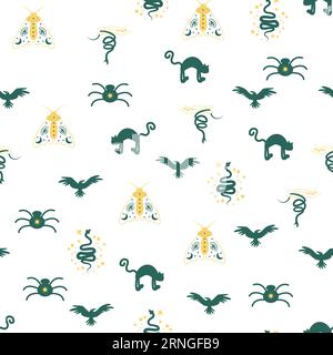 Motif sans couture magique et céleste, avec des éléments magiques tels que serpent, oeil, cartes de tarot, main, crâne, potion, lune, papillon, champignons, étoiles. Symb Illustration de Vecteur