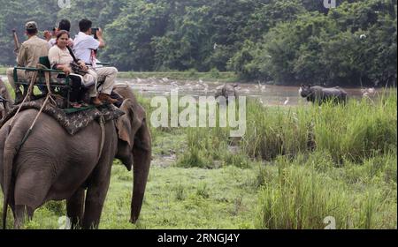 (161001) -- ASSAM, 1 octobre 2016 -- les touristes montent sur le dos d'un éléphant et regardent les rhinocéros dans le parc national de Kaziranga rouvert à Assam, en Inde, le 1 octobre 2016. Le parc national de Kaziranga a été rouvert aux touristes samedi après s'être remis des dommages causés par les inondations de la saison des pluies. (cl) INDIA-ASSAM-KAZIRANGA NATIONAL PARK-ROUVRIR Stringer PUBLICATIONxNOTxINxCHN Assam OCT 1 2016 touristes Ride ON the Back of to Elephant and Watch rhinocéros au parc national Kaziranga rouvert en Assam Inde OCT 1 2016 Kaziranga National Park qui a rouvert aux touristes samedi après avoir récupéré Banque D'Images