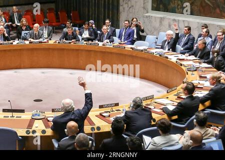 Sitzung des UN-Sicherheitsrats zum Krieg in Syrien (161008) -- UNITED NATIONS, Oct. 8, 2016 -- Vitaly Churkin(top, right), Russian Permanent Representative to the United Nations, and Rafael Ramirez Carreno (lower, left), Permanent Representative of Venezuela to the United Nations, vote against a France-drafted UN Security Council resolution on Syria, at the United Nations headquarters in New York, Oct. 8, 2016. The UN Security Council failed to adopt a France-drafted resolution on Syria on Saturday. ) UN-SECURITY COUNCIL-SYRIA-RESOLUTION LixMuzi PUBLICATIONxNOTxINxCHN   Meeting the UN Security Stock Photo