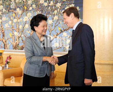 (161010) -- BEIJING, le 10 octobre 2016 -- le vice-premier ministre chinois Liu Yandong (à gauche) rencontre le chef de la commission de coordination du Comité International Olympique (CIO) pour les Jeux d'hiver de 2022, Alexander Zhukov, à Beijing, capitale de la Chine, le 10 octobre 2016.) (Yxb) CHINA-BEIJING-LIU YANDONG-IOC-MEETING(CN) MengxYongmin PUBLICATIONxNOTxINxCHN Beijing OCT 10 2016 le vice-premier ministre chinois Liu Yandong rencontre le chef du Comité International Olympique la commission de coordination du CIO pour les Jeux d'hiver de 2022 Alexander Zhukov à Beijing capitale chinoise OCT 10 2016 yxb Chine Beijing Liu Yandong Meeti CIO Banque D'Images