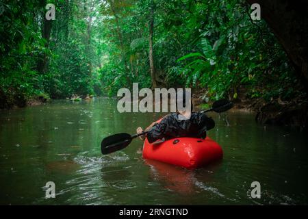 Homme inconnu dans un kayak rouge flottant vers une végétation luxuriante visible autour. Palmiers, mangroves, feuilles et autres plantes sous la pluie. Banque D'Images