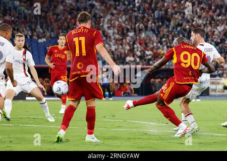 Rome, Italy. 01st Sep, 2023. Romelu Lukaku, of AS Roma, kicks the ball during the Serie Soccer match between Roma and AC Milan at the Olympic stadium in Rome, Italy, September 1, 2023. Credit: Riccardo De Luca - Update Images/Alamy Live News Stock Photo