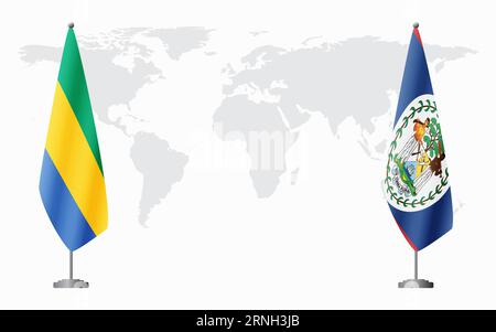 Drapeaux du Gabon et du Belize pour la réunion officielle sur fond de carte du monde. Illustration de Vecteur