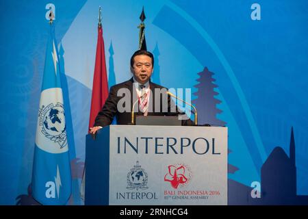 Themen der Woche Bilder des Tages 161110 -- BALI, le 10 novembre 2016 -- le vice-ministre chinois de la sécurité publique Meng Hongwei s'adresse à la 85e session de l'assemblée générale de l'Organisation internationale de police criminelle Interpol à Bali, Indonésie, le 10 novembre 2016. Meng Hongwei a été élu président d’Interpol jeudi, le premier fonctionnaire chinois à occuper ce poste. Sxk INDONESIA-BALI-INTERPOL-PRESIDENT ELECTION-CHINA DuxYu PUBLICATIONxNOTxINxCHN Banque D'Images