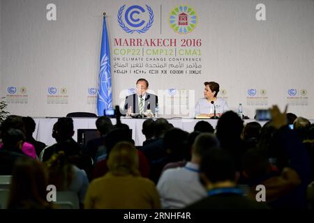 Klimagipfel in Marrakesch (161115) -- MARRAKECH, Nov. 15, 2016 -- United Nations Secretary-General Ban Ki-moon (L) speaks during a press conference in Marrakech, Morocco, on Nov. 15, 2016. The joint High-Level Segment of the 22nd Conference of the Parties to the United Nations Framework Convention on Climate Change (COP22) and the 12th Conference of the Parties to the Kyoto Protocol (CMP12) opens here Tuesday. ) (djj) MOROCCO-MARRAKECH-COP22-UNFCCC ZhaoxDingzhe PUBLICATIONxNOTxINxCHN   Climate summit in Marrakech  Marrakech Nov 15 2016 United Nations Secretary General Ban KI Moon l Speaks duri Stock Photo