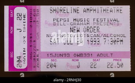 Mountain View, Californie - 24 juillet 1993 - ancien talon de billet utilisé pour le concert New Order au Shoreline Amphitheatre Banque D'Images