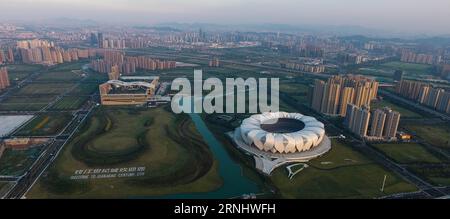 (161213) -- BEIJING, Dec. 13, 2016 -- Photo taken on Aug. 25, 2016 shows the Hangzhou Olympic and International Expo Center in the Binjiang District of Hangzhou, capital of east China s Zhejiang Province. Hangzhou is the host city for this year s G20 Summit. Drones have been in common use in photojournalism in 2016. ) CHINA-DRONE SHOTS OF THE YEAR (CN) WangxJianhua PUBLICATIONxNOTxINxCHN   Beijing DEC 13 2016 Photo Taken ON Aug 25 2016 Shows The Hangzhou Olympic and International EXPO Center in The Binjiang District of Hangzhou Capital of East China S Zhejiang Province Hangzhou IS The Host Cit Stock Photo