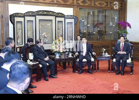 (161213) -- BEIJING, Dec. 13, 2016 -- Meng Jianzhu (2nd R), head of the Commission for Political and Legal Affairs of the Communist Party of China (CPC) Central Committee, meets with Prawit Wongsuwan, First Deputy Prime Minister and Defense Minister of Thailand, in Beijing, capital of China, Dec. 13, 2016.) (zyd) CHINA-BEIJING-MENG JIANZHU-PRAWIT-MEETING (CN) ZhangxLing PUBLICATIONxNOTxINxCHN   Beijing DEC 13 2016 Meng Jianzhu 2nd r Head of The Commission for Political and legal Affairs of The Communist Party of China CPC Central Committee Meets With Prawit Wongsuwan First Deputy Prime Ministe Stock Photo