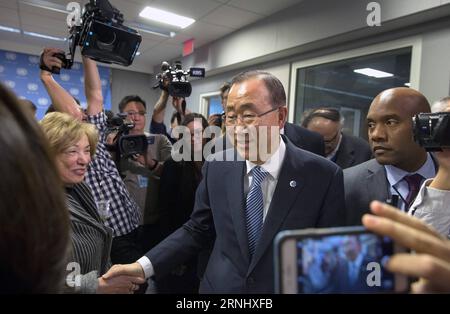 (161216) -- UNITED NATIONS, Dec. 16, 2016 -- Retiring United Nations Secretary-General Ban Ki-moon (C) shakes hands with journalists after his End-of-Term press conference at the UN headquarters in New York, Dec. 16, 2016. UN Secretary-General Ban Ki-moon on Friday said that he will discuss with political leaders, close friends in South Korea on how best he can do for his home country after he steps down as the UN chief on Dec. 31, as the Asian country is facing very difficult situation and the biggest challenge. Ban made the statement as he was asked at a press conference here whether he will Stock Photo