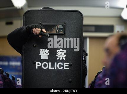 (170115) -- NANJING, le 15 janvier 2017 -- un membre de l'équipe SWAT participe à un exercice tactique dans un centre de gardiennage pour trains à grande vitesse à Nanjing, capitale de la province du Jiangsu de l'est de la Chine, le 15 janvier 2017. Le département de police ferroviaire de Nanjing a organisé un exercice dimanche pour améliorer leur capacité à gérer les situations d'urgence.) (Zhs) CHINA-NANJING-RAILWAY-EMERGENCY-DRILL (CN) LixXiang PUBLICATIONxNOTxINxCHN 170115 Nanjing Jan 15 2017 un membre de l'équipe SWAT participe à un exercice tactique dans un centre pour trains à grande vitesse à Nanjing capitale de la Chine orientale S Jiangsu province Jan 15 2017 Nanjing Railway Polic Banque D'Images