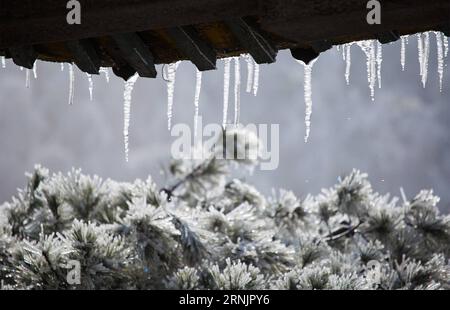 (170210) -- JIUJIANG, 9 février 2017 () -- des glaçons pendent d'un toit après une chute de neige sur la montagne Lushan dans la ville de Jiujiang, province du Jiangxi dans l'est de la Chine, le 9 février 2017. () (ry) CHINA-JIANGXI-LUSHAN MOUNTAIN-SNOWFALL (CN) Xinhua PUBLICATIONxNOTxINxCHN 170210 Jiujiang février 9 2017 chute de glace d'un toit après une chute de neige SUR Lushan Mountain in Jiujiang City East China S Jiangxi province Feb 9 2017 Ry China Jiangxi Lushan Mountain Snowfall CN XINHUA PUBLICATIONxNOTxCHN Banque D'Images